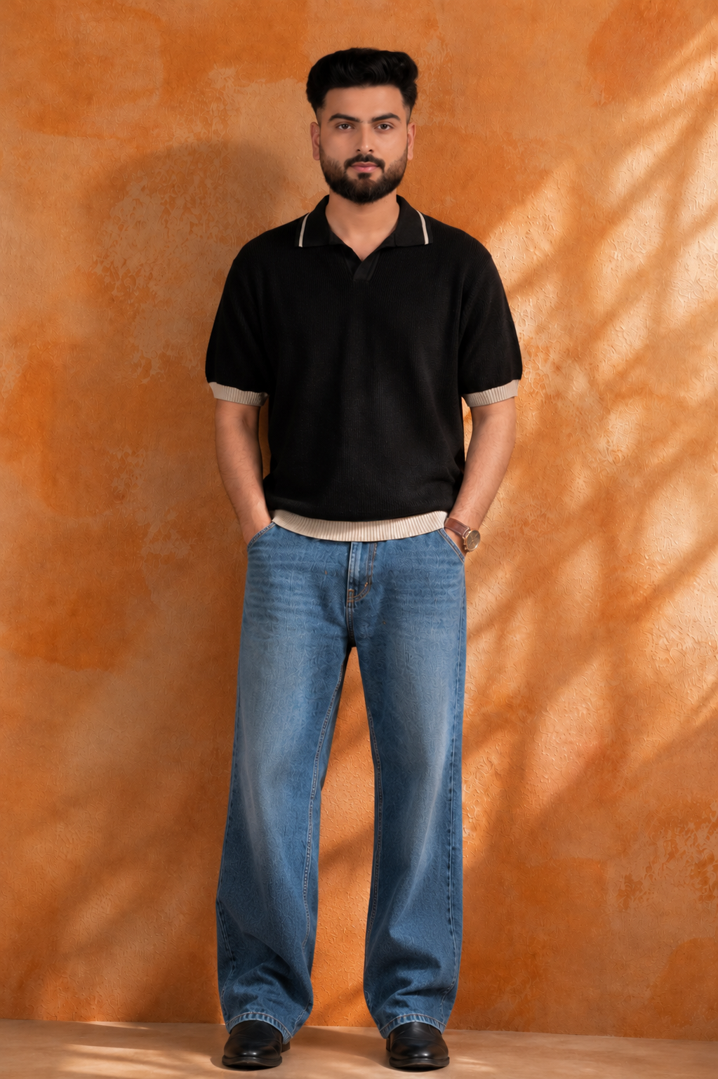 SALLT Black Knitted Polo Cotton Shirt - Relaxed Fit