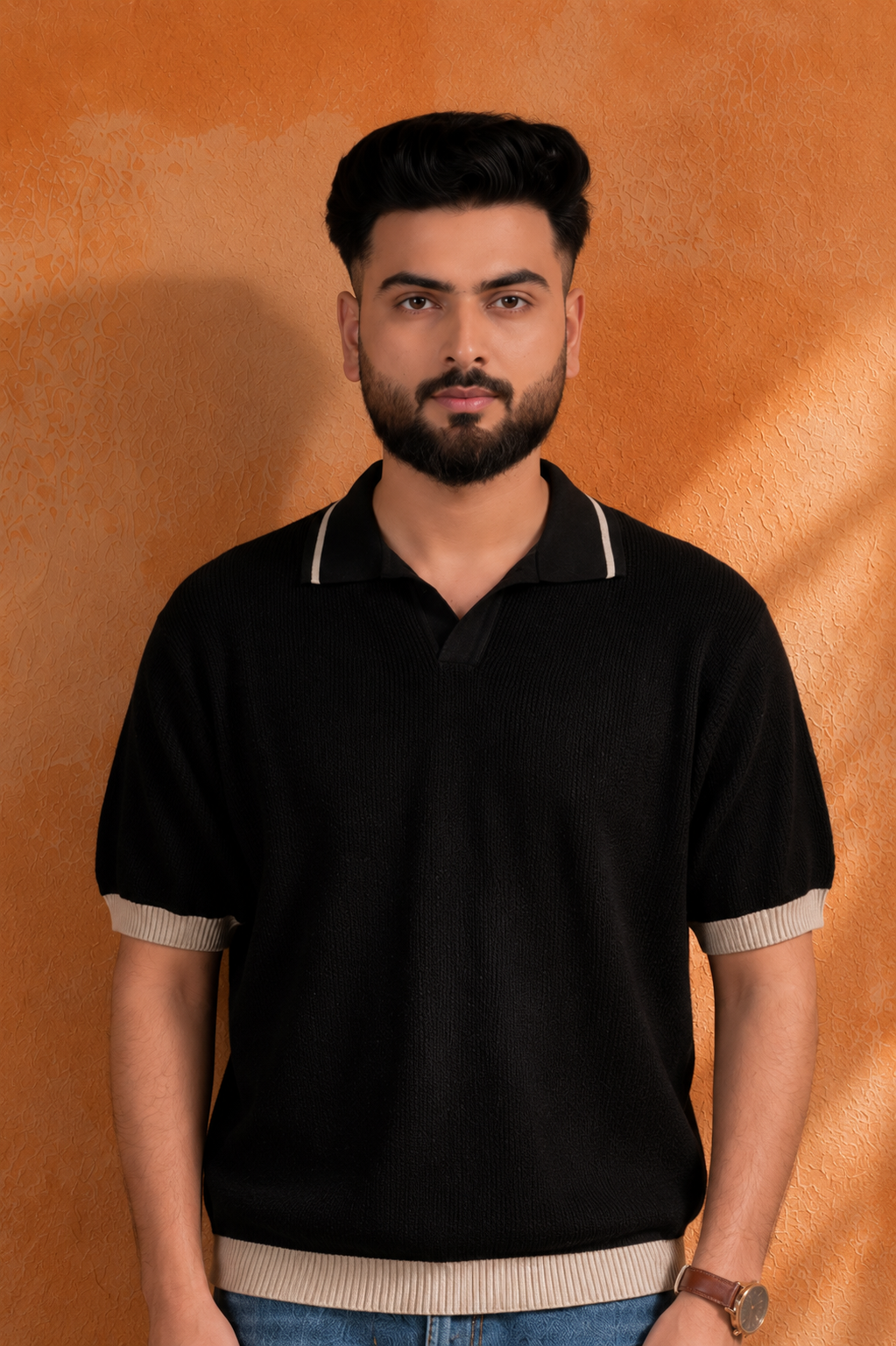 SALLT Black Knitted Polo Cotton Shirt - Relaxed Fit