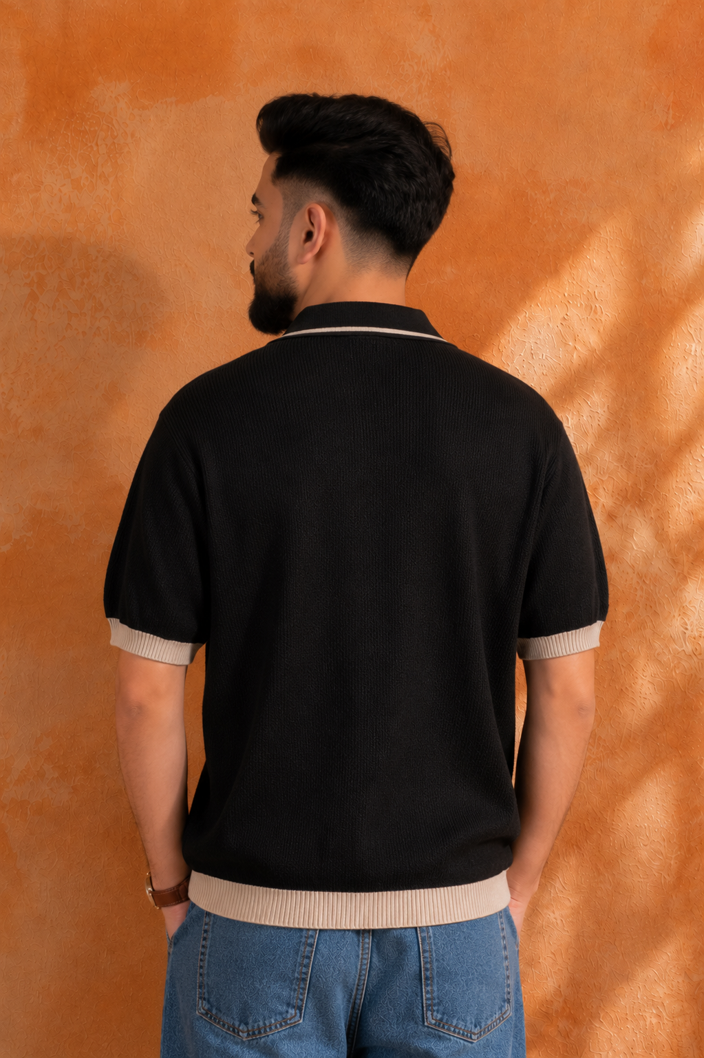 SALLT Black Knitted Polo Cotton Shirt - Relaxed Fit