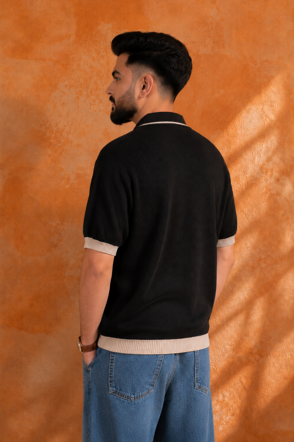 SALLT Black Knitted Polo Cotton Shirt - Relaxed Fit