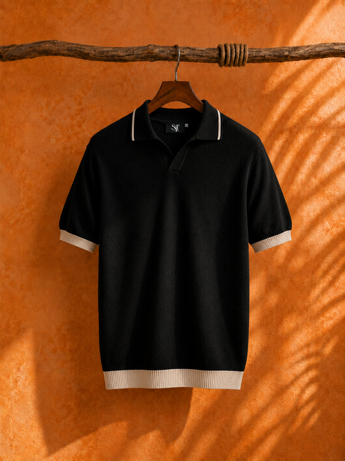 SALLT Black Knitted Polo Cotton Shirt - Relaxed Fit