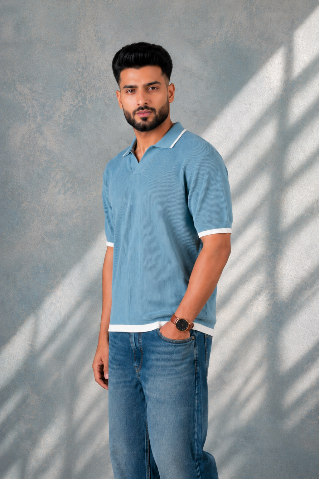 SALLT Blue Knitted Polo Cotton Shirt - Relaxed Fit