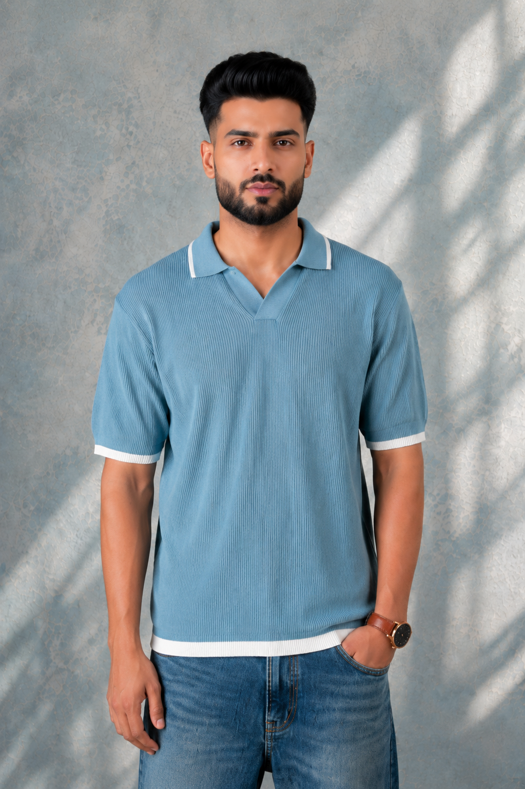 SALLT Blue Knitted Polo Cotton Shirt - Relaxed Fit