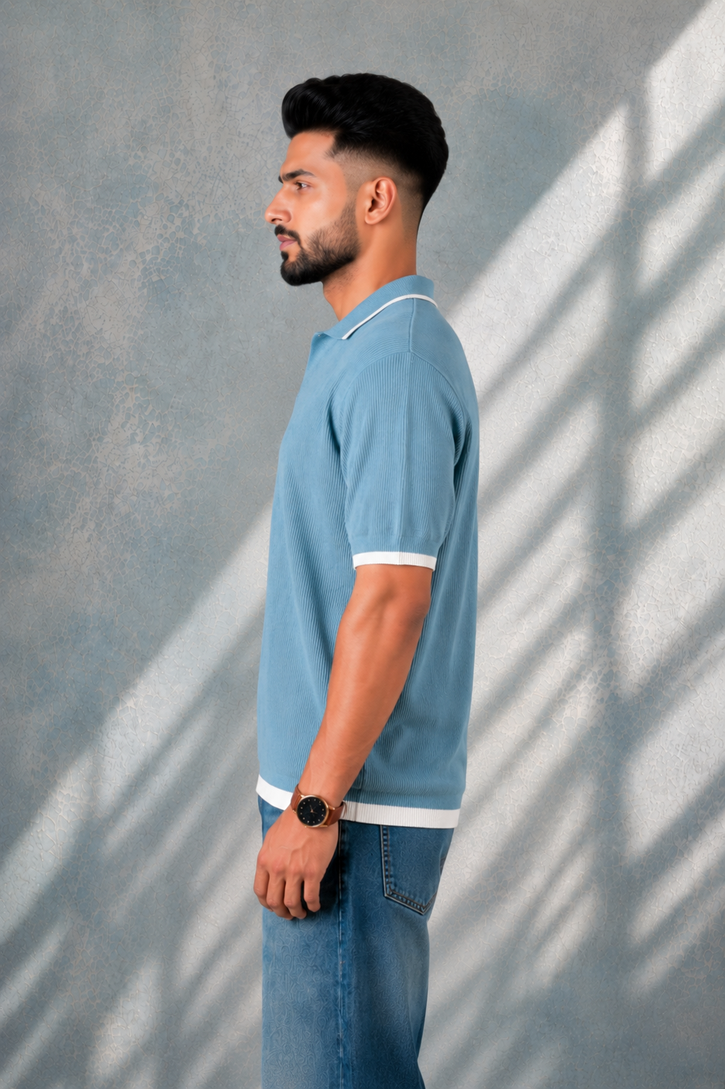 SALLT Blue Knitted Polo Cotton Shirt - Relaxed Fit