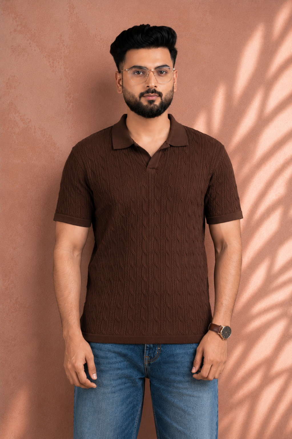 SALLT Brown Knitted Polo Cotton Shirt - Regular Fit