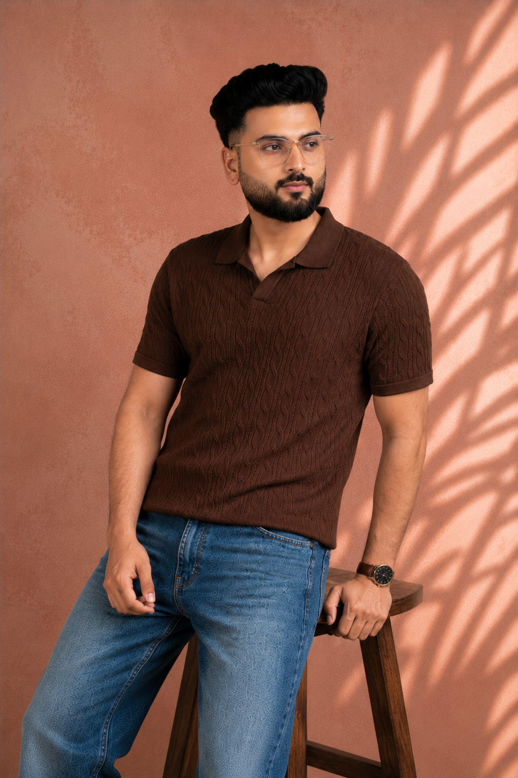 SALLT Brown Knitted Polo Cotton Shirt - Regular Fit