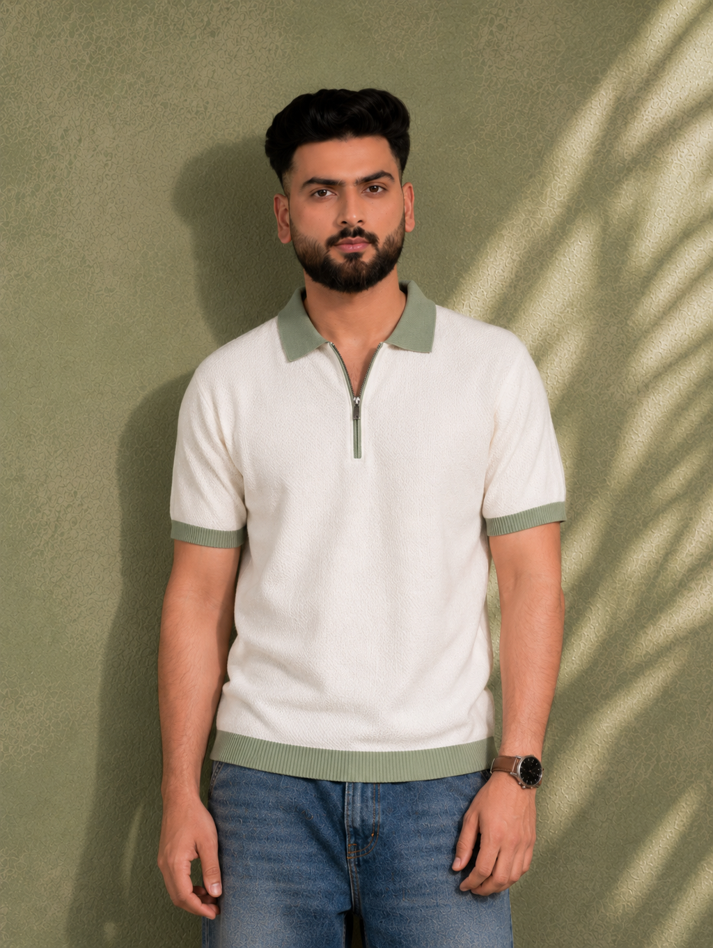 SALLT White Knitted Polo Cotton Shirt - Regular Fit