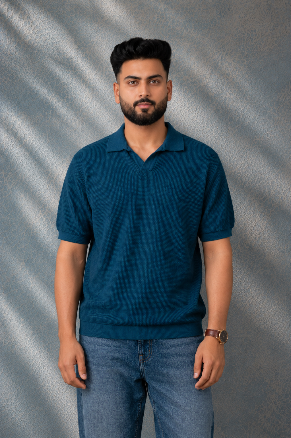 SALLT Blue Knitted Polo Cotton Shirt - Relaxed Fit