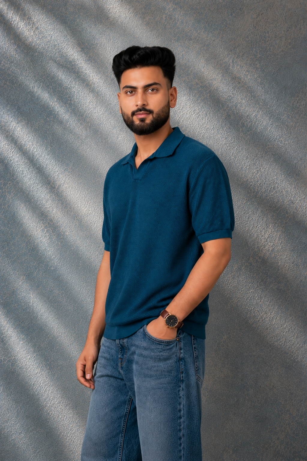 SALLT Blue Knitted Polo Cotton Shirt - Relaxed Fit