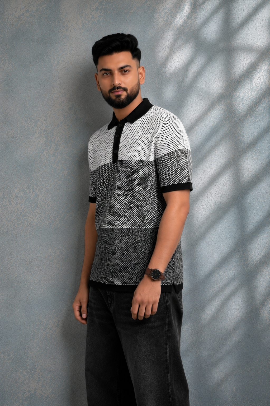 SALLT Black Knitted Polo Cotton Shirt - Regular Fit