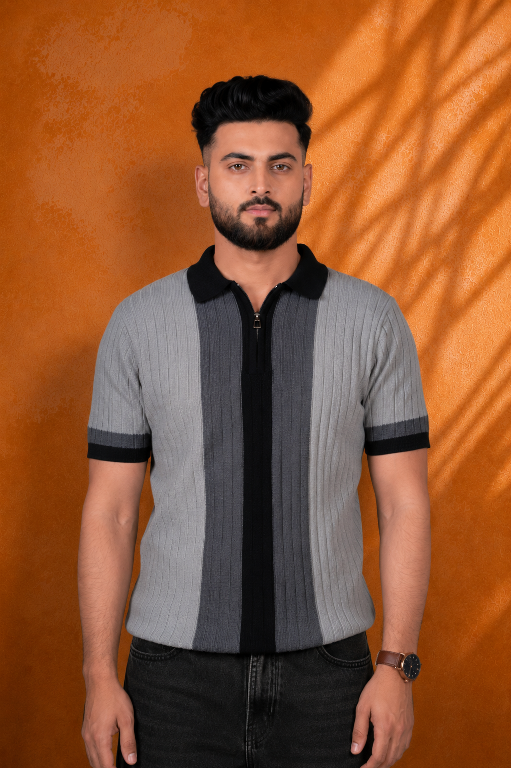 SALLT Black Knitted Polo Cotton Shirt - Regular Fit