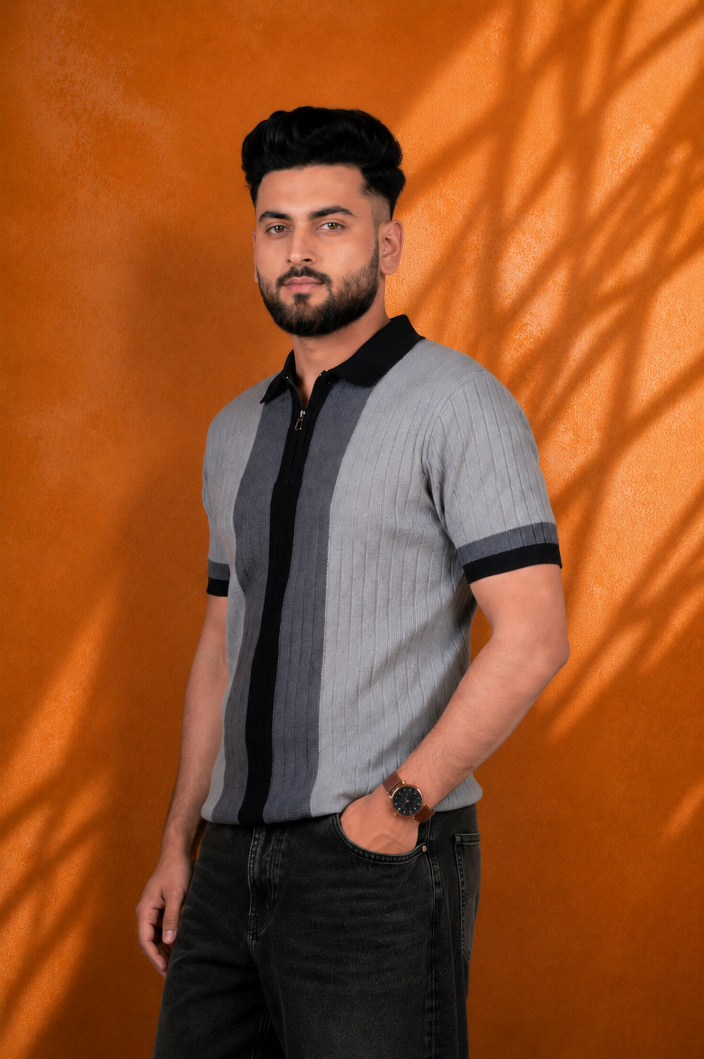 SALLT Black Knitted Polo Cotton Shirt - Regular Fit
