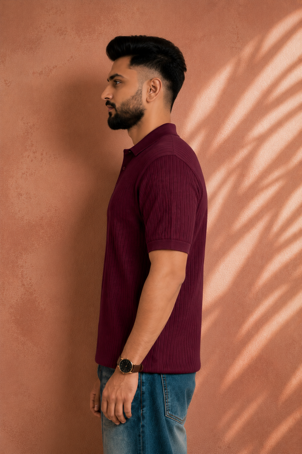 SALLT Maroon Knitted Polo Cotton Shirt - Regular Fit