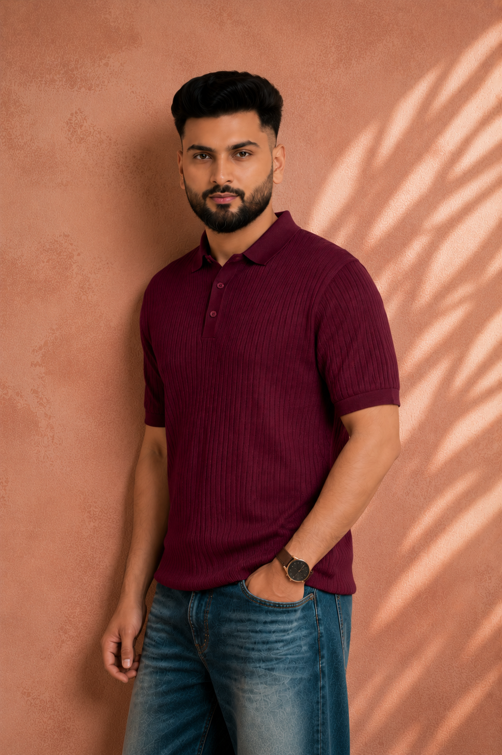 SALLT Maroon Knitted Polo Cotton Shirt - Regular Fit