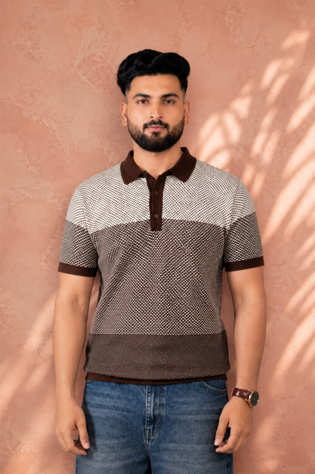 SALLT Brown Knitted Polo Cotton Shirt - Regular Fit