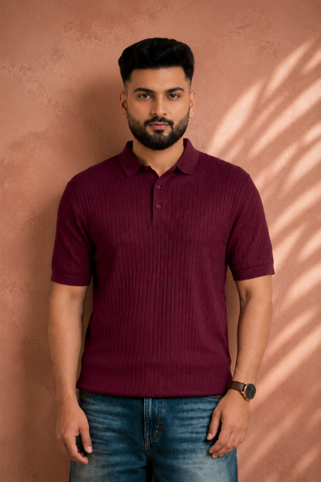 SALLT Maroon Knitted Polo Cotton Shirt - Regular Fit
