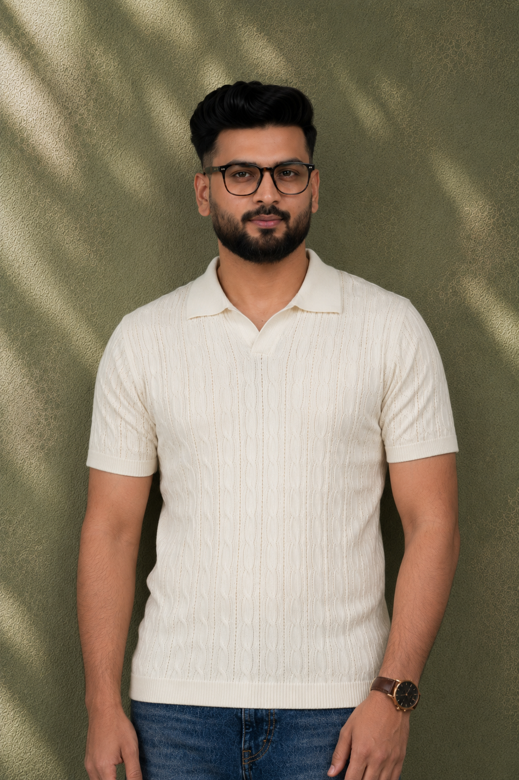 SALLT Cream Knitted Polo Cotton Shirt - Regular Fit