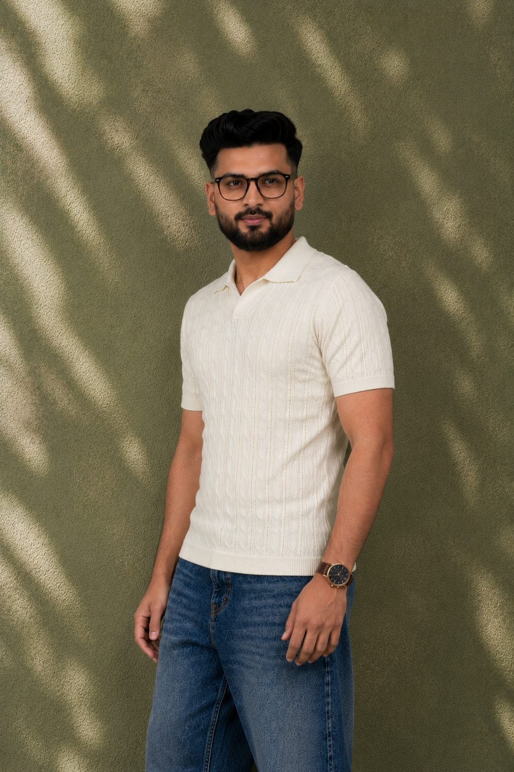 SALLT Cream Knitted Polo Cotton Shirt - Regular Fit