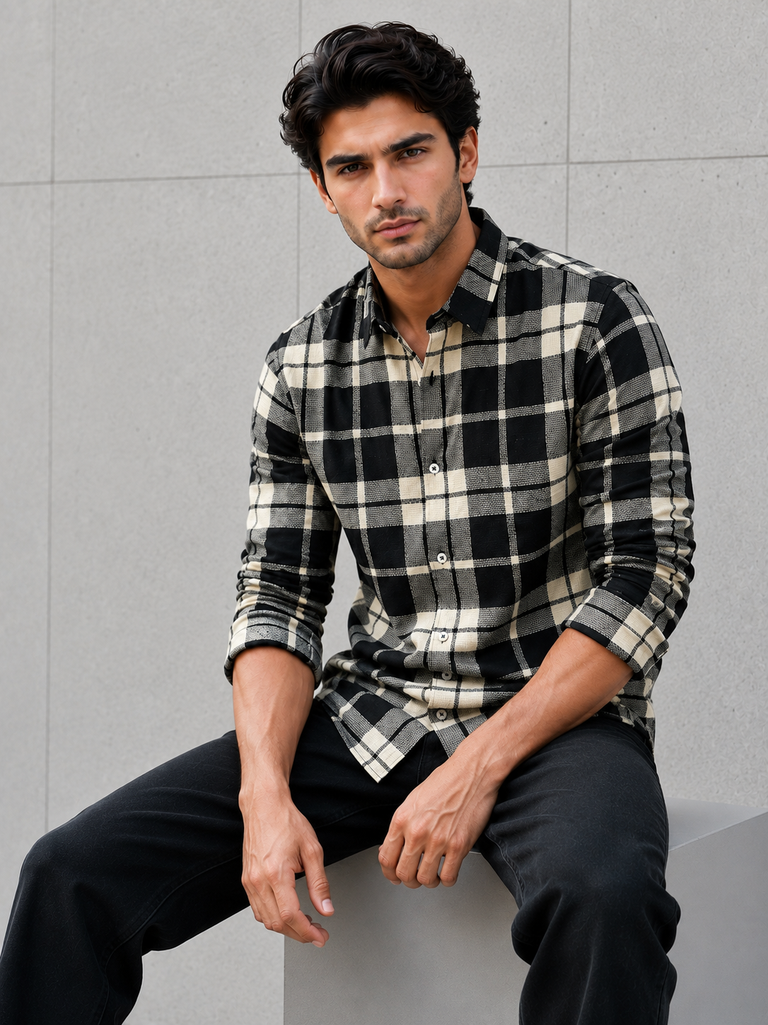 SALLT Men's Dark Textured Cotton Premium Shirt - Full Sleeves - Slim Fit