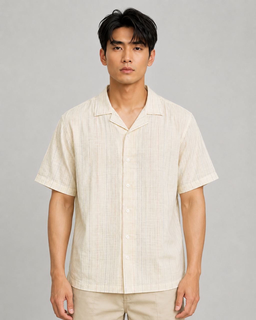 SALLT Men's Beige Linen Cotton Blend Shirt - Half Sleeves - Relaxed Fit