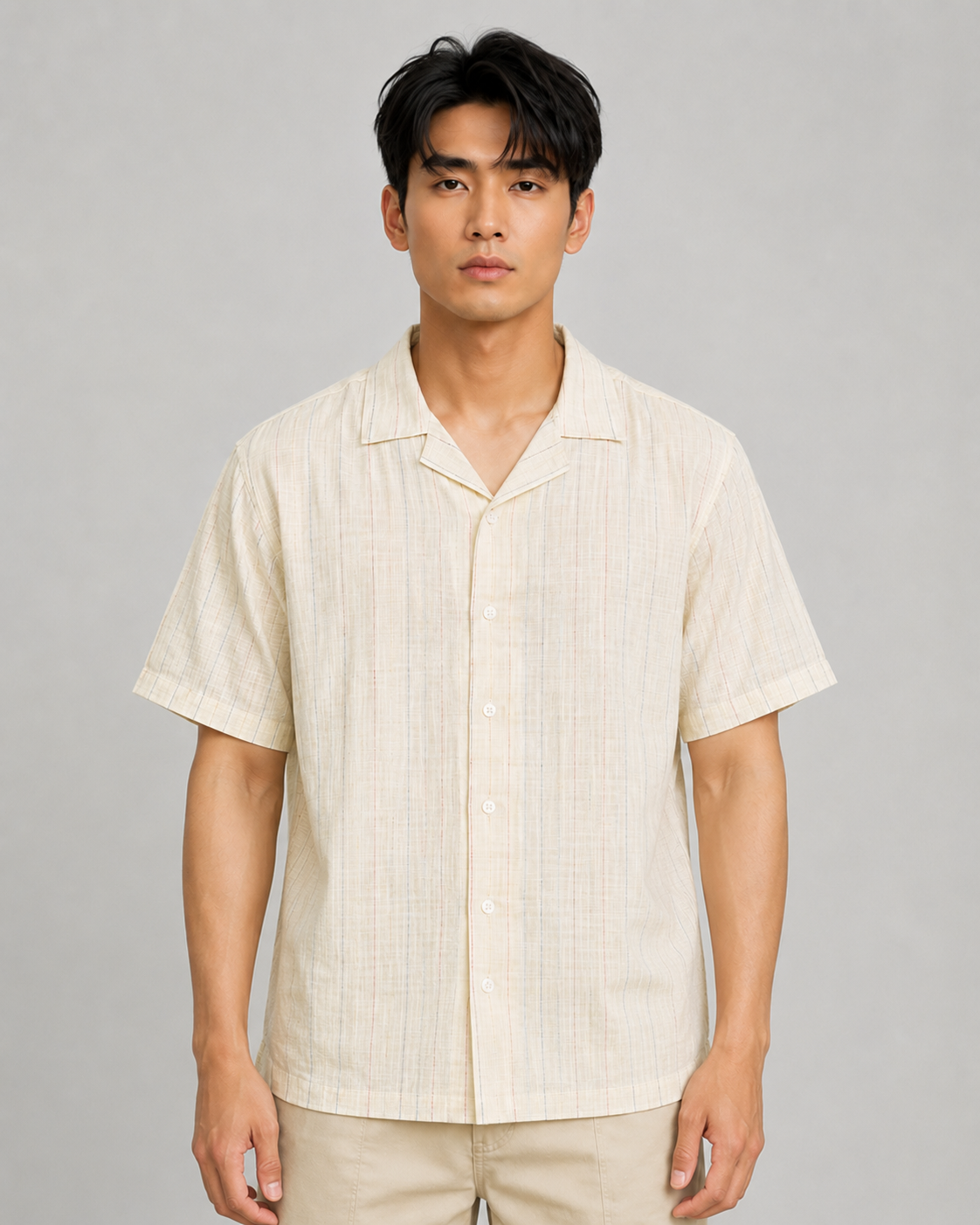 SALLT Men's Beige Linen Cotton Blend Shirt - Half Sleeves - Relaxed Fit