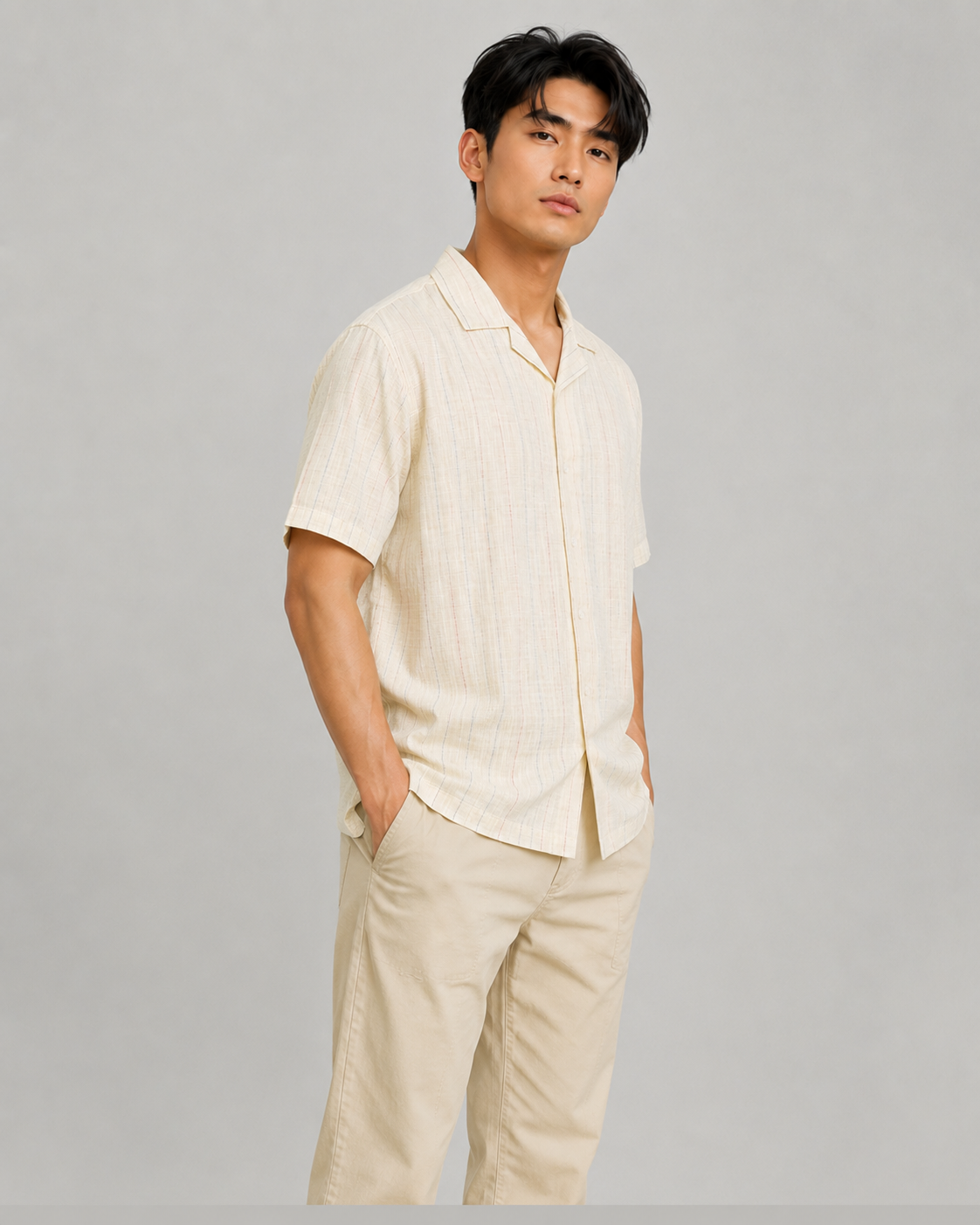 SALLT Men's Beige Linen Cotton Blend Shirt - Half Sleeves - Relaxed Fit