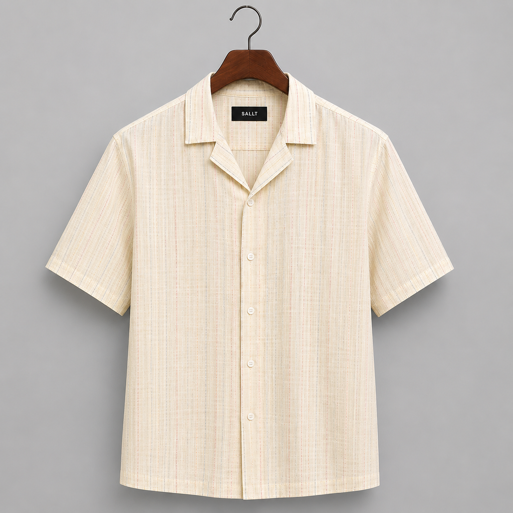SALLT Men's Beige Linen Cotton Blend Shirt - Half Sleeves - Relaxed Fit