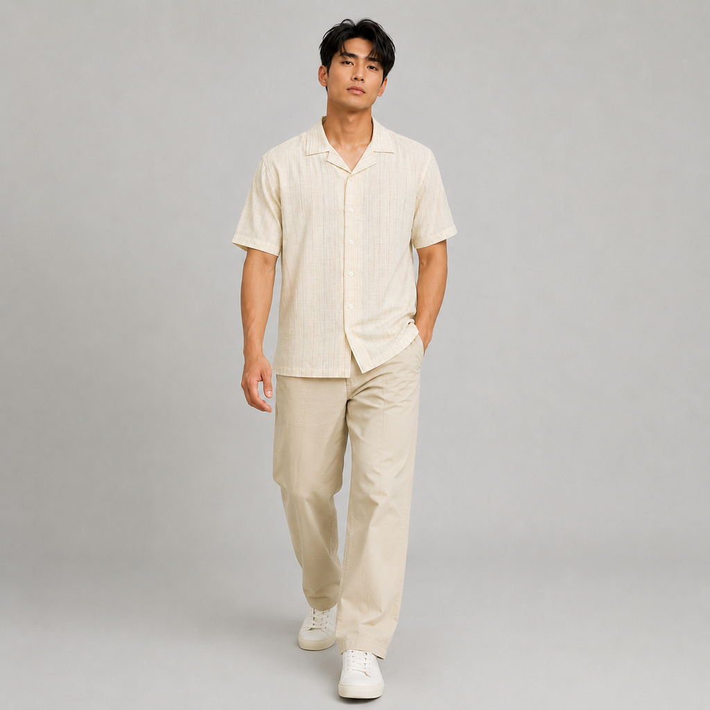 SALLT Men's Beige Linen Cotton Blend Shirt - Half Sleeves - Relaxed Fit