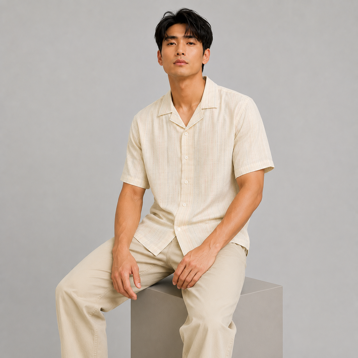SALLT Men's Beige Linen Cotton Blend Shirt - Half Sleeves - Relaxed Fit