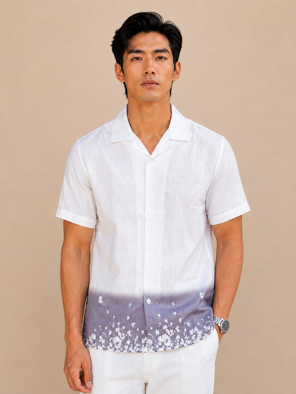 SALLT Men's White Printed Self Design Shirt - Half Sleeves - Relaxed Fit