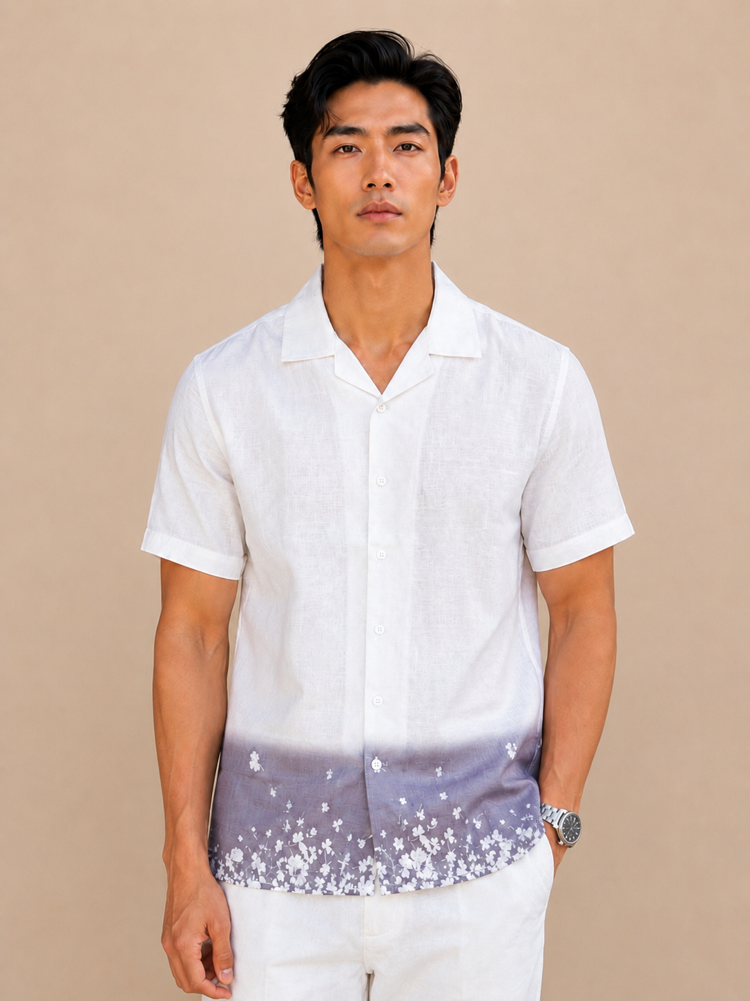 SALLT Men's White Printed Self Design Shirt - Half Sleeves - Relaxed Fit