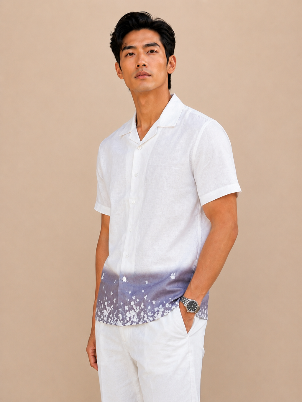 SALLT Men's White Printed Self Design Shirt - Half Sleeves - Relaxed Fit