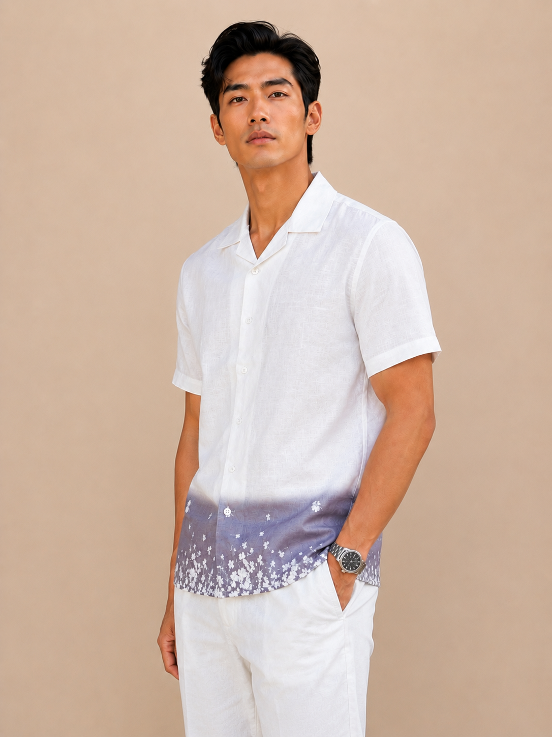 SALLT Men's White Printed Self Design Shirt - Half Sleeves - Relaxed Fit
