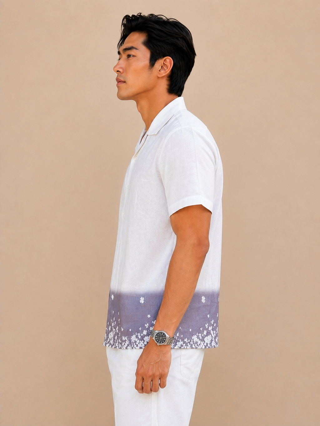 SALLT Men's White Printed Self Design Shirt - Half Sleeves - Relaxed Fit