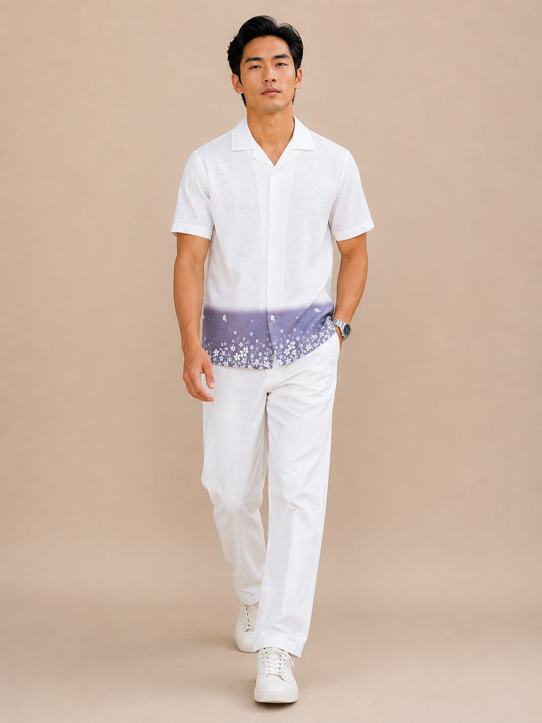 SALLT Men's White Printed Self Design Shirt - Half Sleeves - Relaxed Fit