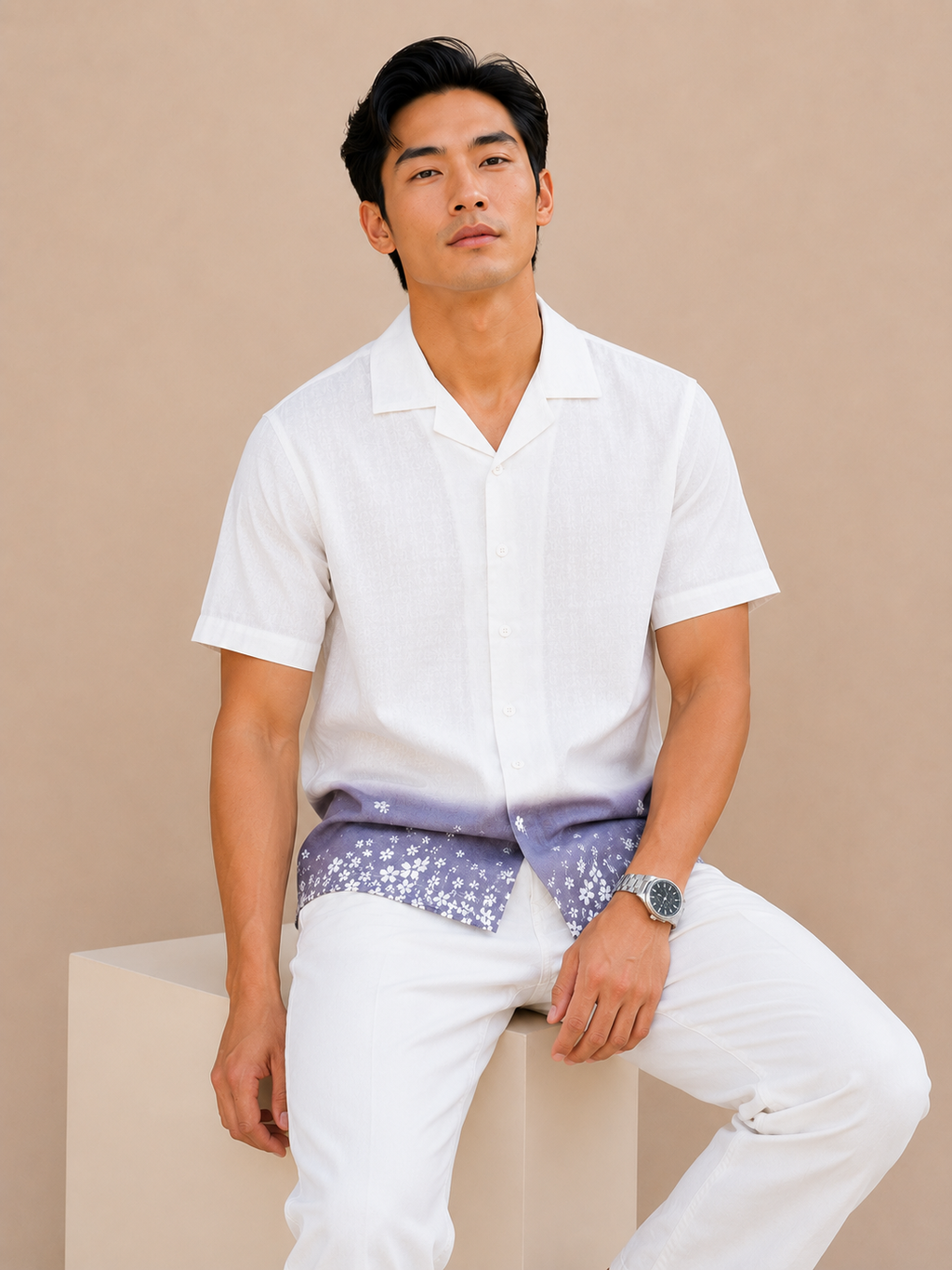 SALLT Men's White Printed Self Design Shirt - Half Sleeves - Relaxed Fit