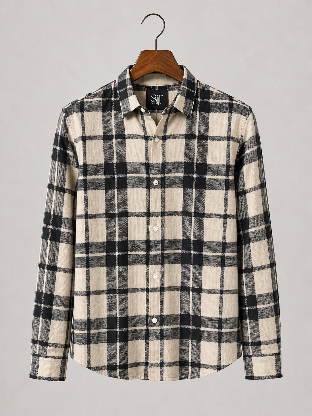 SALLT Men's Black & Beige Textured Cotton Premium Shirt - Full Sleeves - Slim Fit