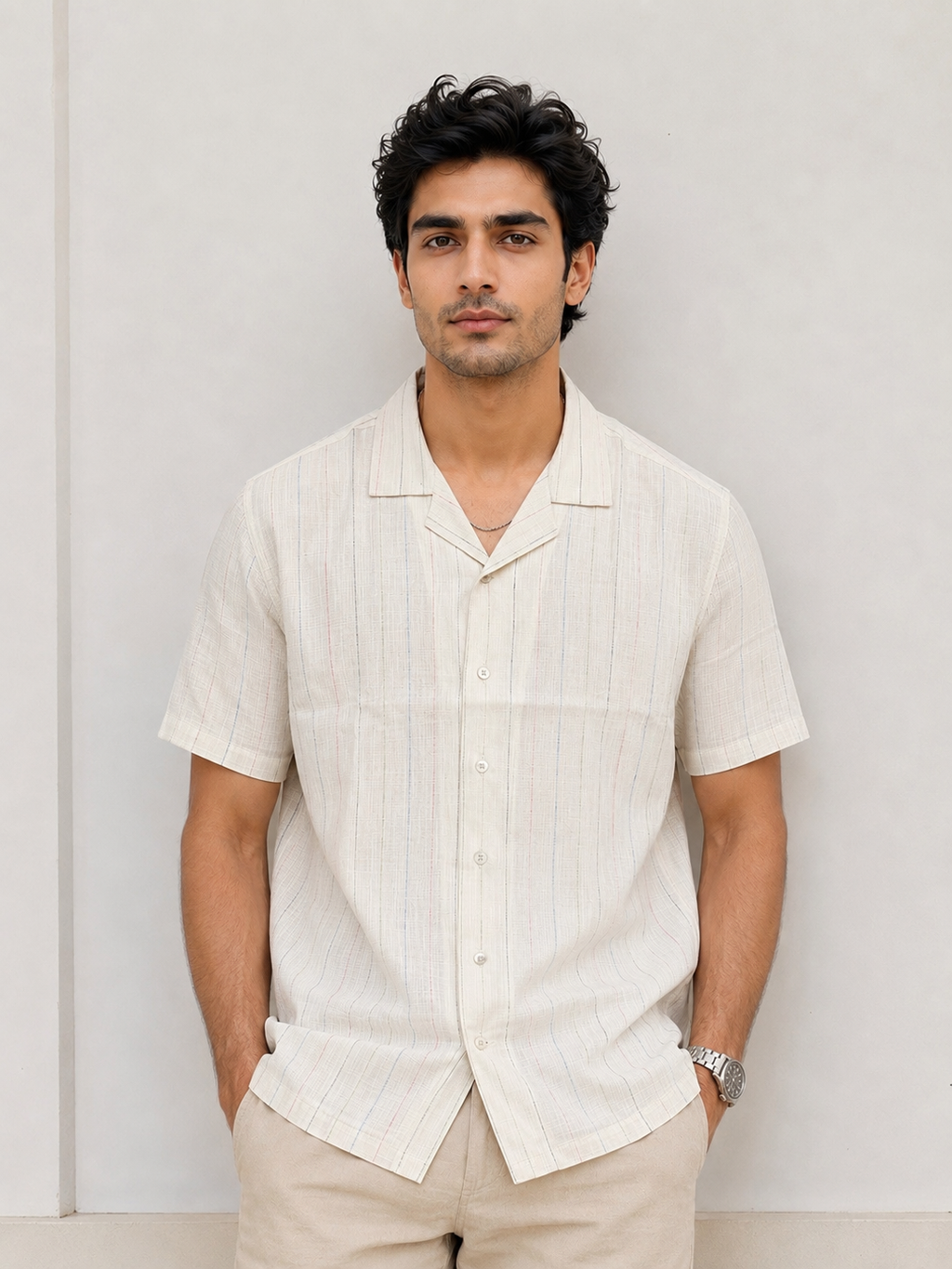 SALLT Men's Off White Linen Cotton Blend Shirt - Half Sleeves - Relaxed Fit