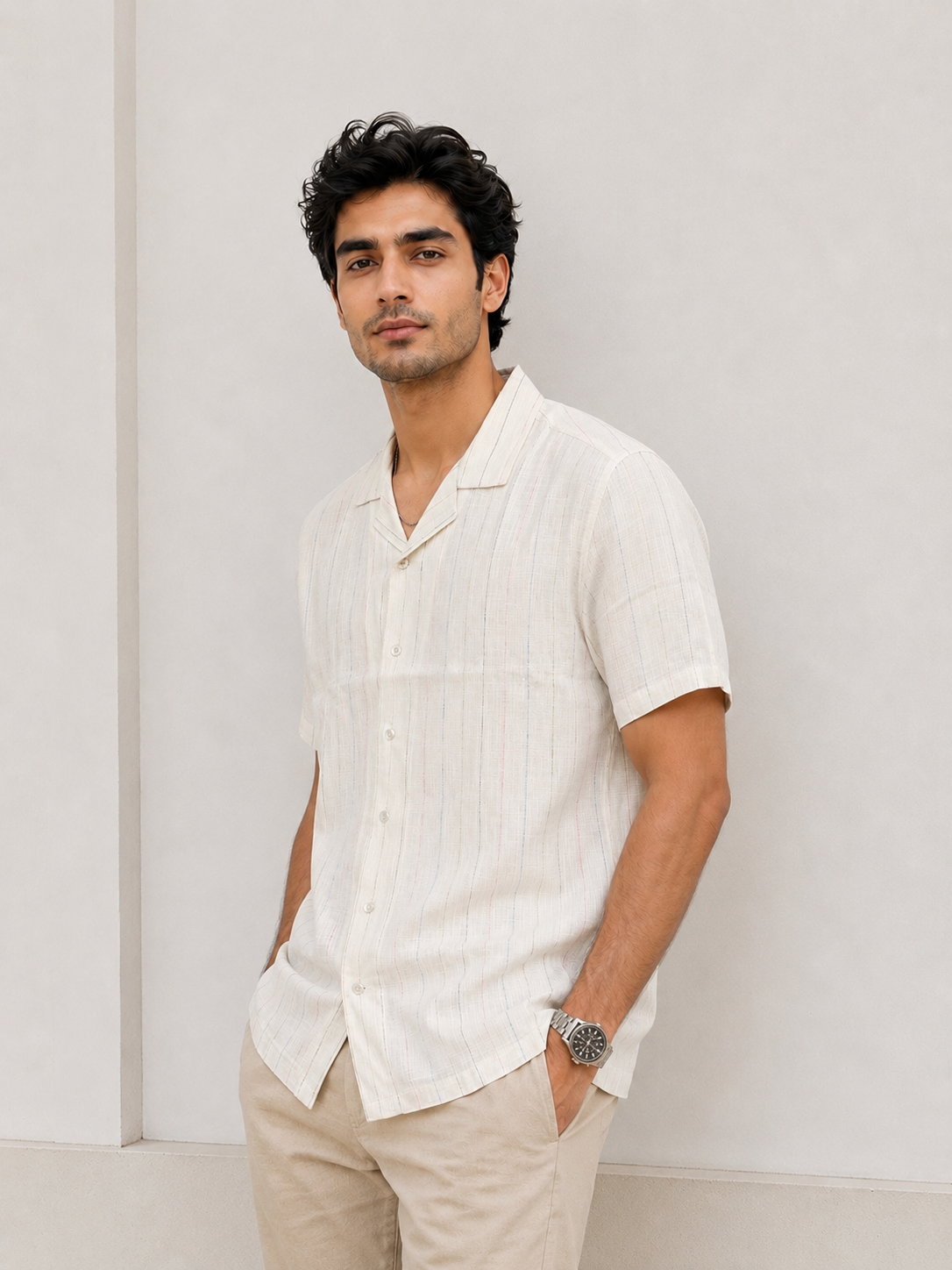SALLT Men's Off White Linen Cotton Blend Shirt - Half Sleeves - Relaxed Fit