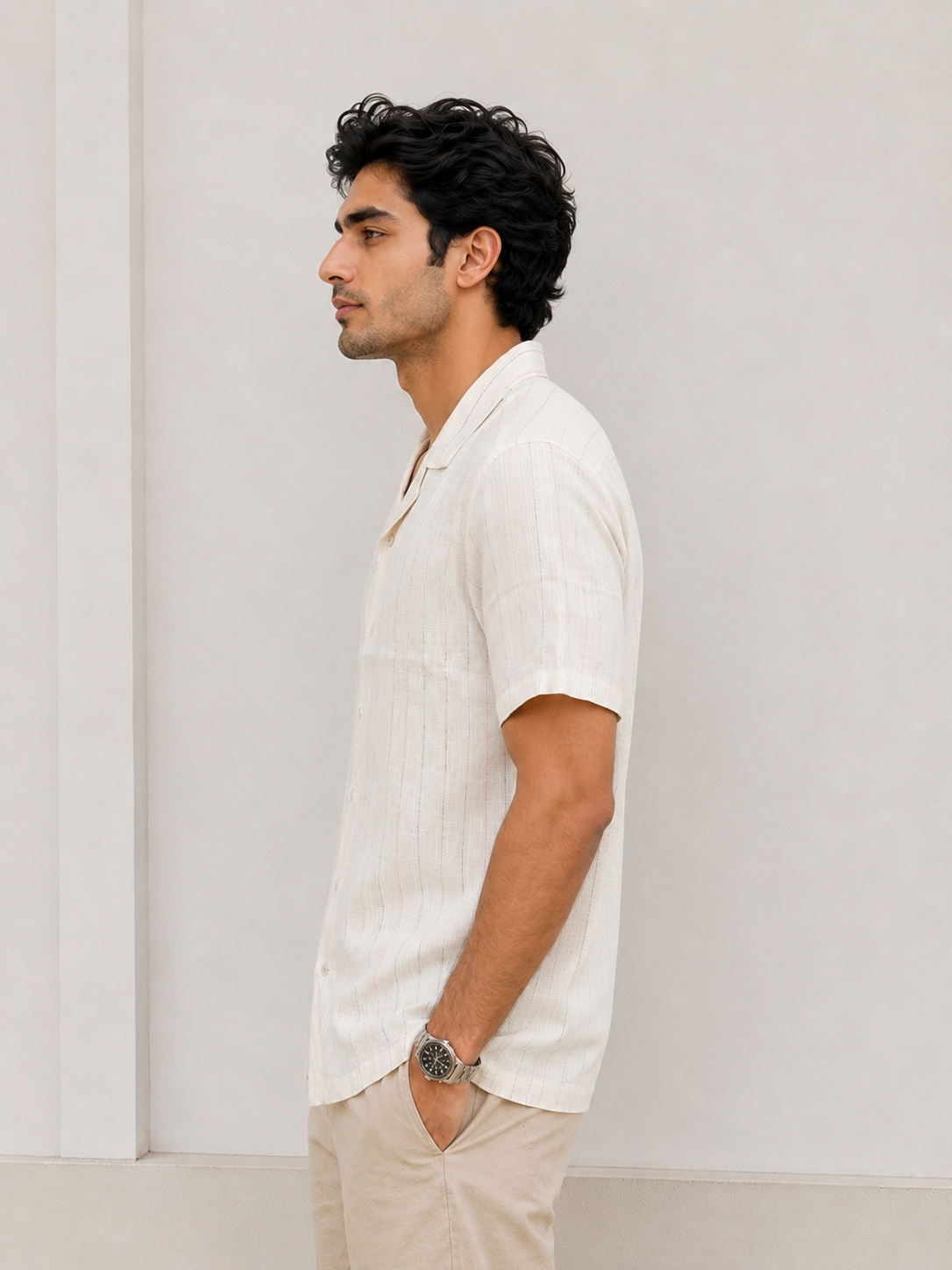 SALLT Men's Off White Linen Cotton Blend Shirt - Half Sleeves - Relaxed Fit