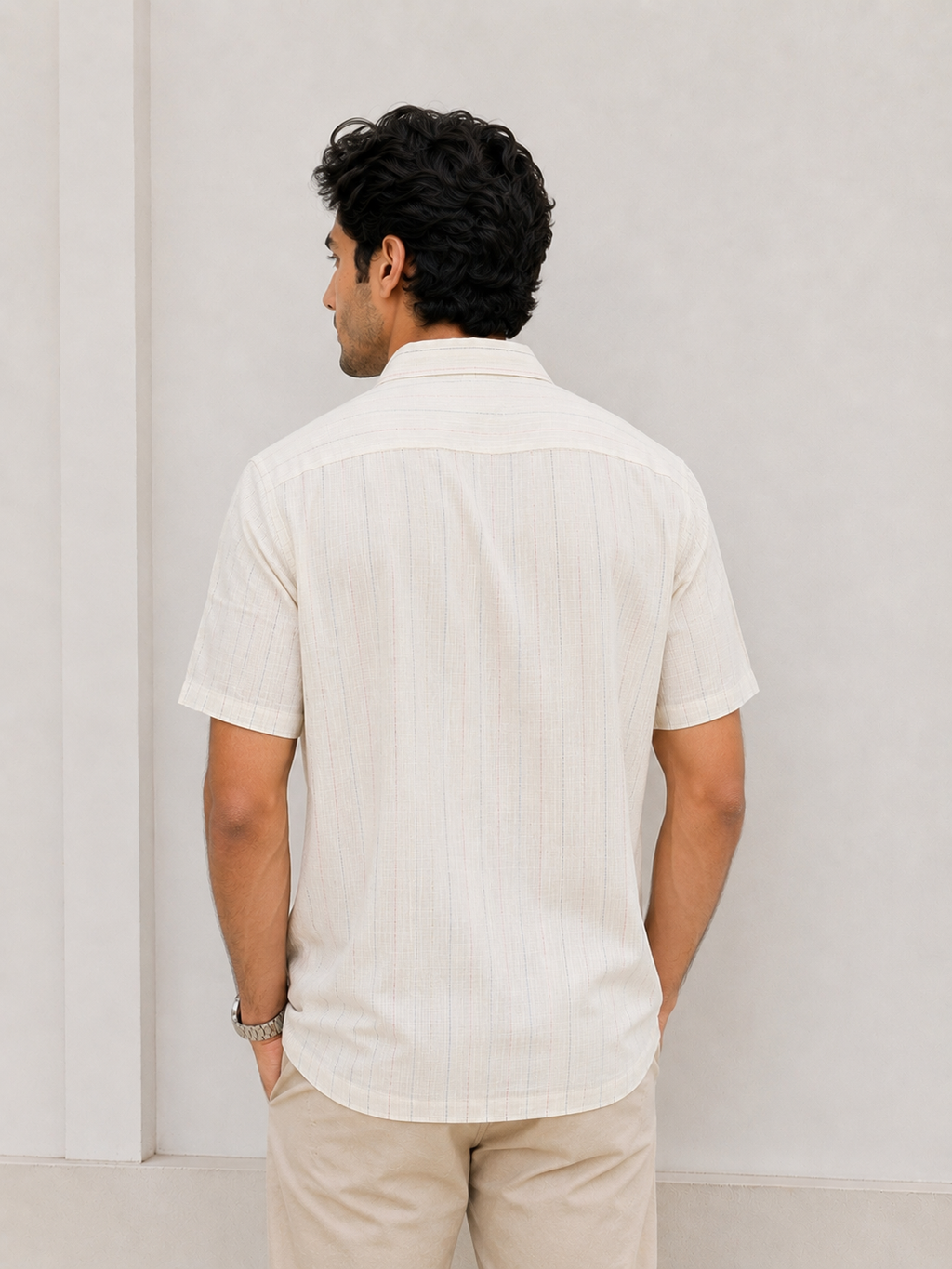 SALLT Men's Off White Linen Cotton Blend Shirt - Half Sleeves - Relaxed Fit