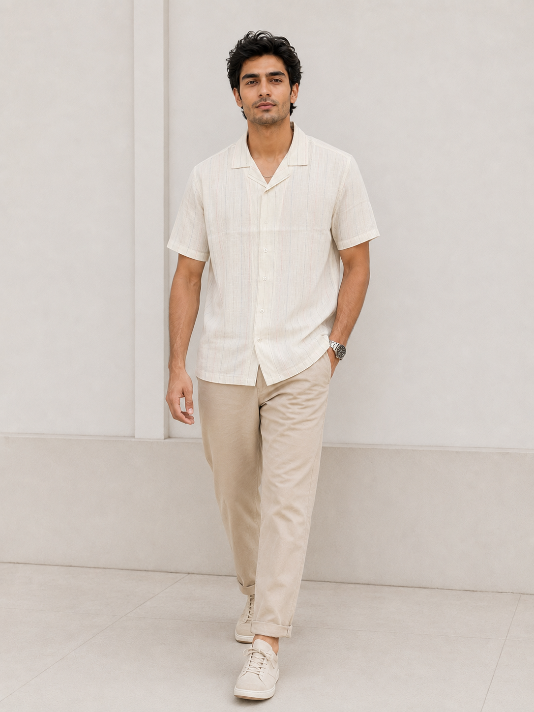 SALLT Men's Off White Linen Cotton Blend Shirt - Half Sleeves - Relaxed Fit
