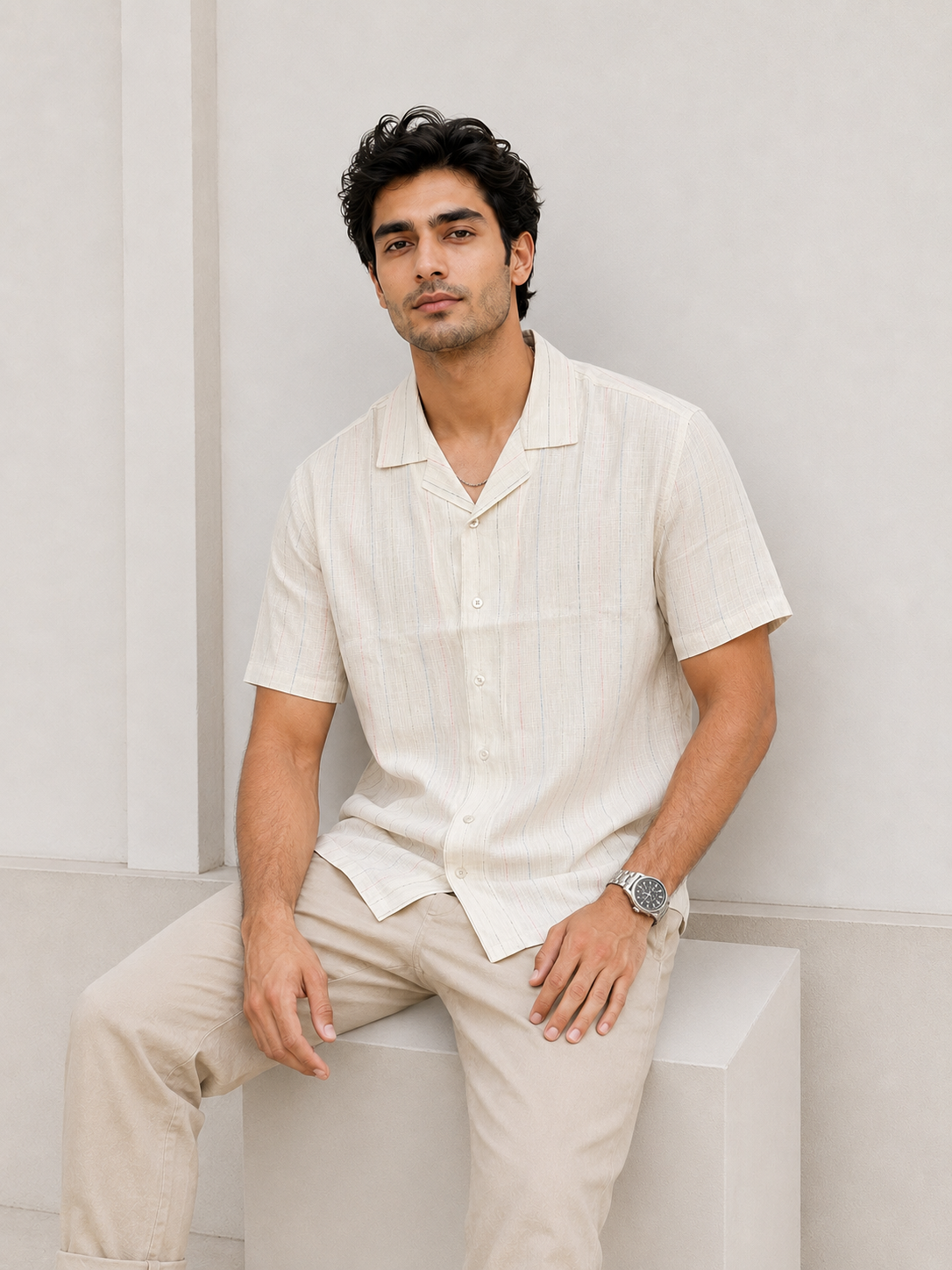 SALLT Men's Off White Linen Cotton Blend Shirt - Half Sleeves - Relaxed Fit