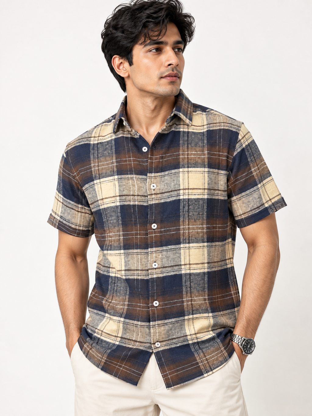 SALLT Men's Brown Soft - Brushed Cotton Shirt - Half Sleeves - Slim Fit