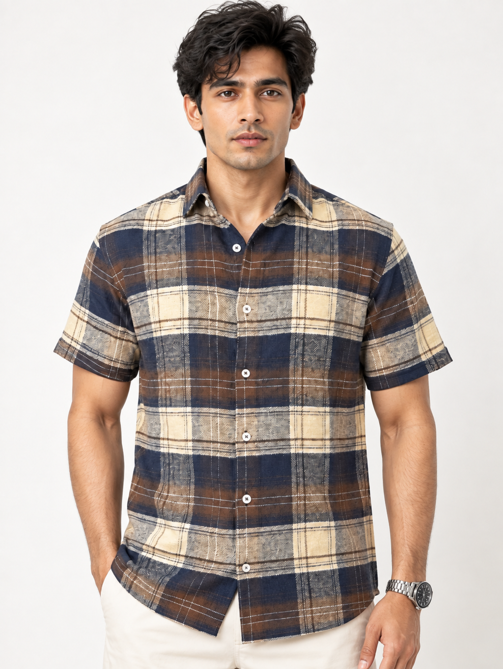 SALLT Men's Brown Soft - Brushed Cotton Shirt - Half Sleeves - Slim Fit