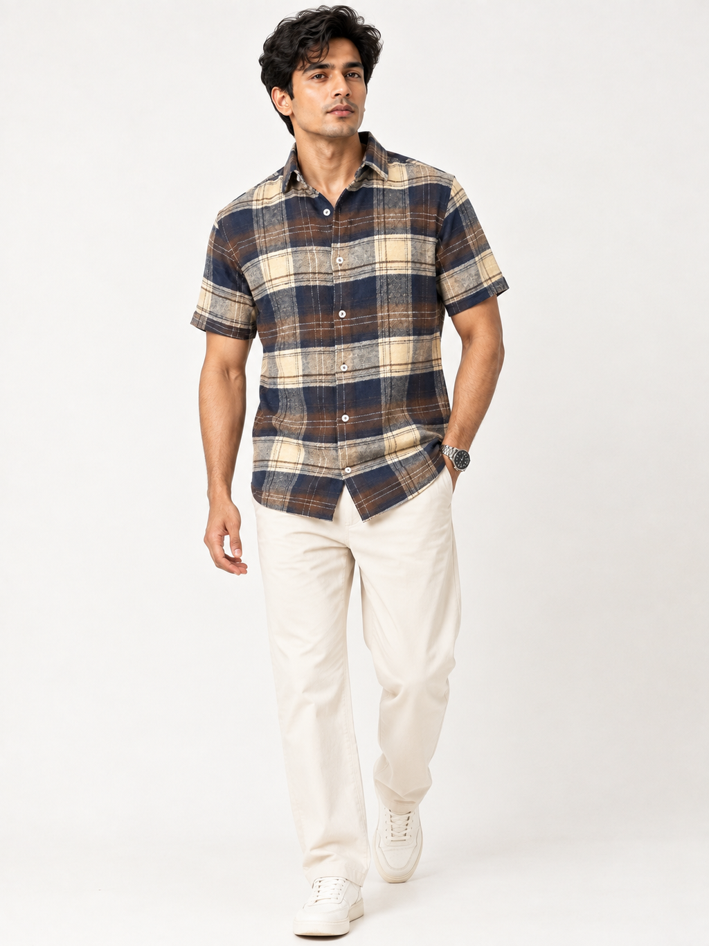 SALLT Men's Brown Soft - Brushed Cotton Shirt - Half Sleeves - Slim Fit