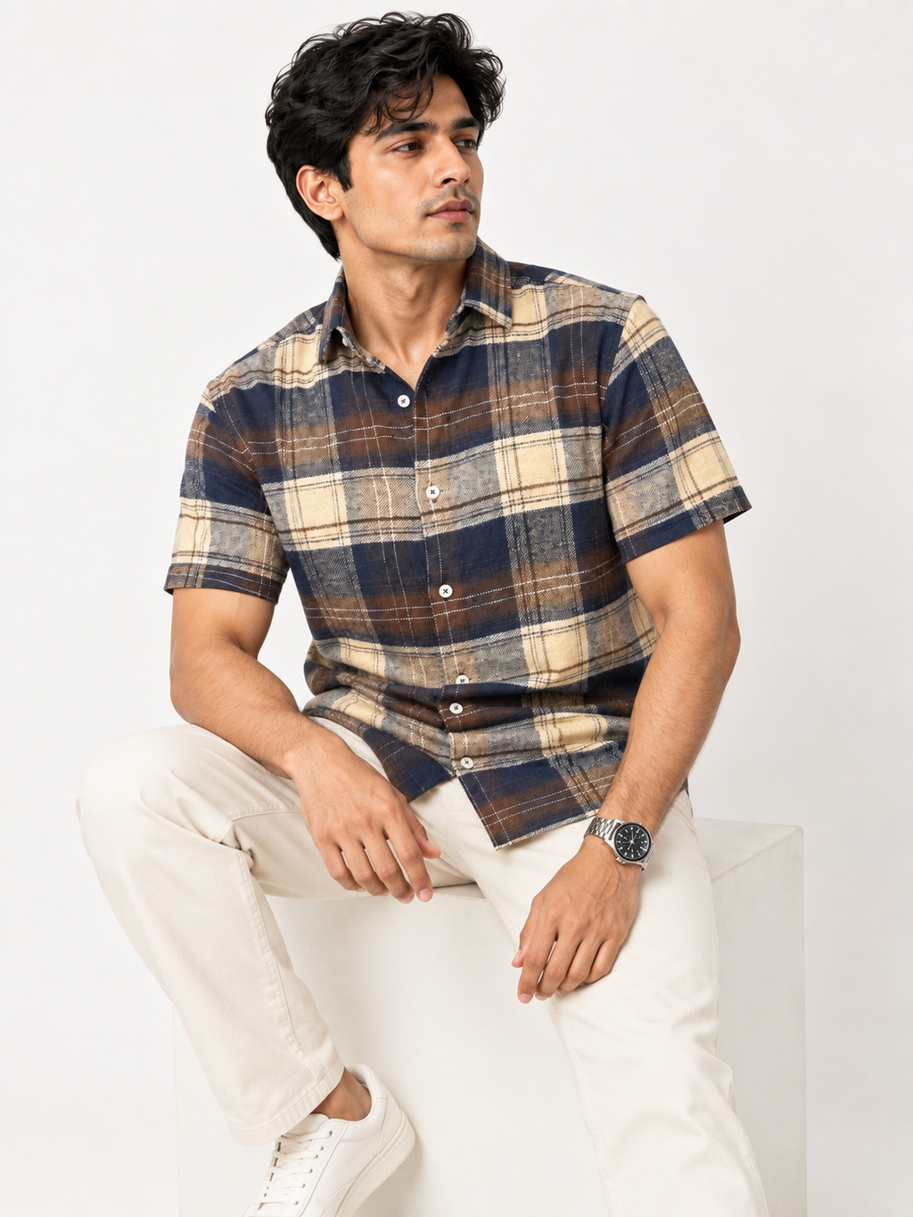 SALLT Men's Brown Soft - Brushed Cotton Shirt - Half Sleeves - Slim Fit