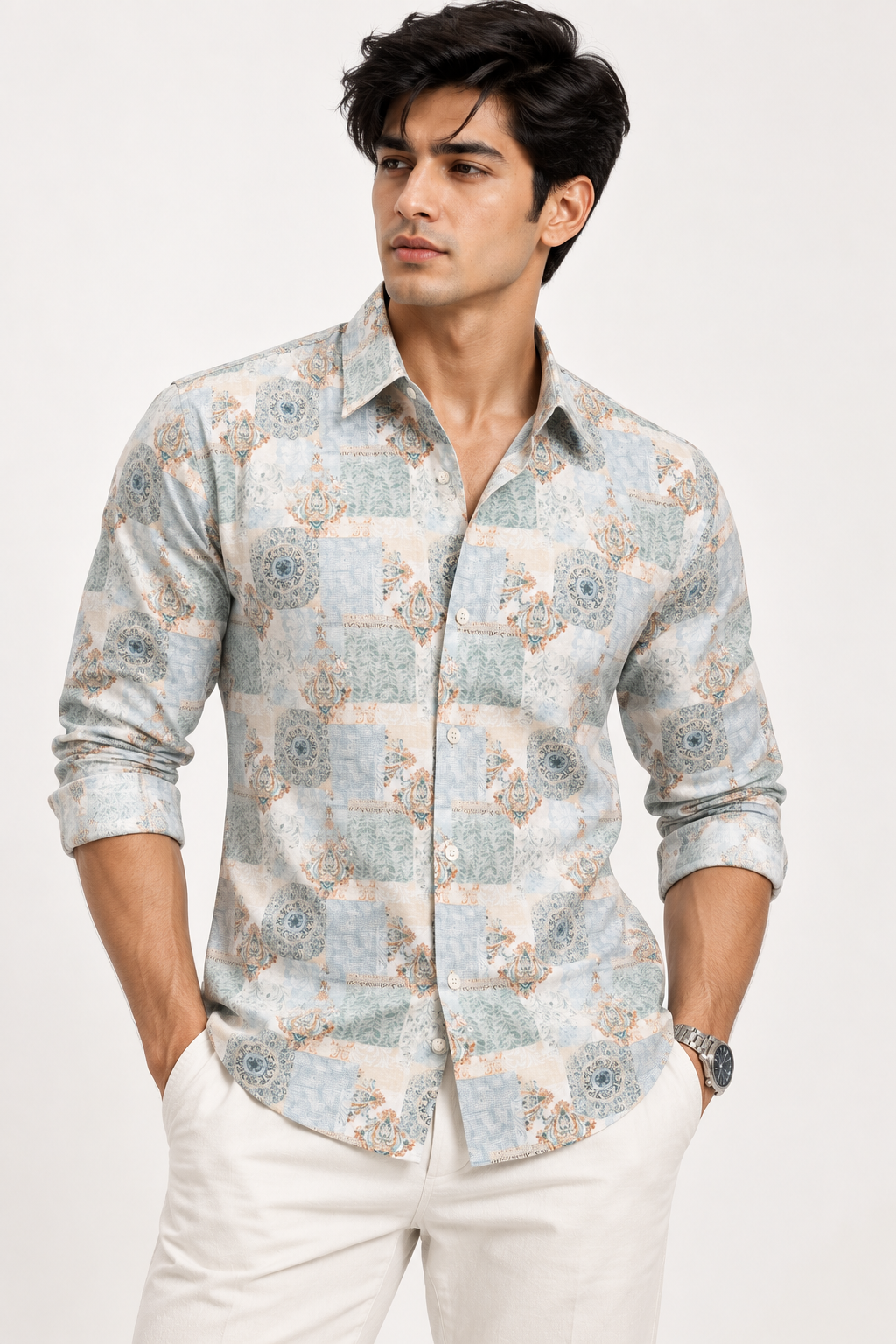 SALLT Men's White & Green Printed Self Design Shirt - Full Sleeves - Slim Fit
