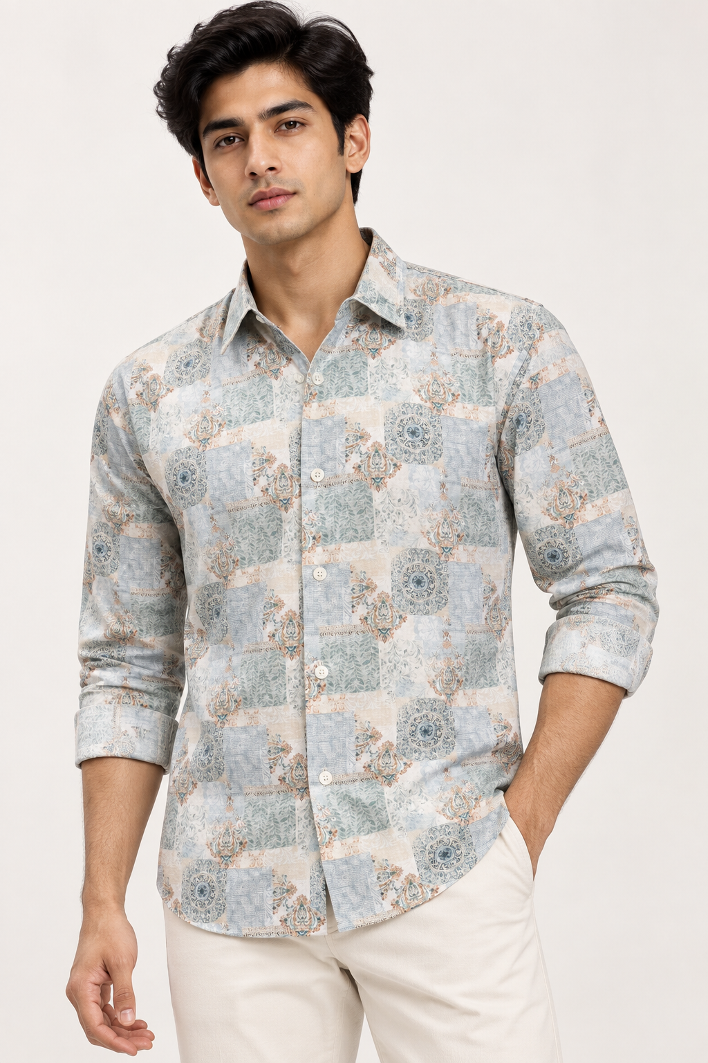 SALLT Men's White & Green Printed Self Design Shirt - Full Sleeves - Slim Fit