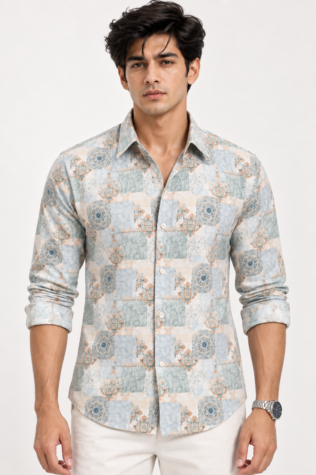 SALLT Men's White & Green Printed Self Design Shirt - Full Sleeves - Slim Fit